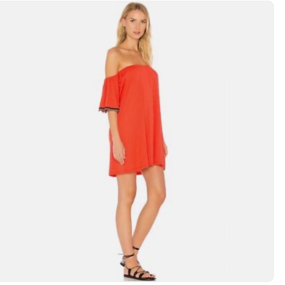 Pitusa Red Off The Shoulder Mini Beach Dress Evil Eye Trim Cotton Blend